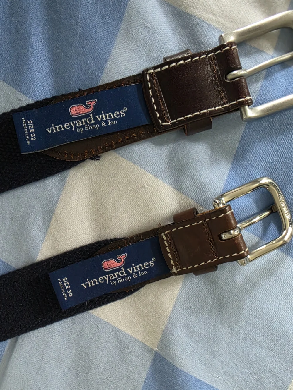 2 Vineyard Vines Belts, Ice Hockey Themed, Silk Cotton And Leather